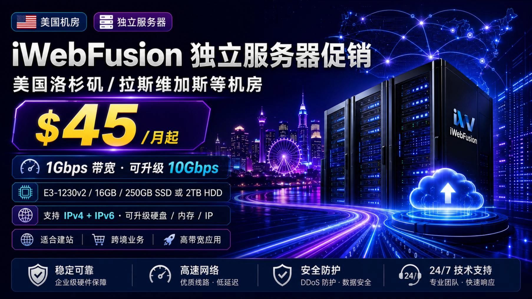 便宜美国独服来了!iWebFusion $45/月起,1Gbps 带宽可升 10Gbps