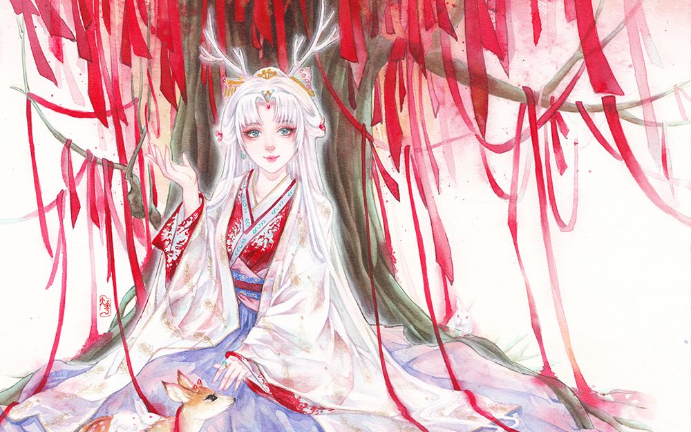 【水彩】大花 手绘—发光小鹿仙