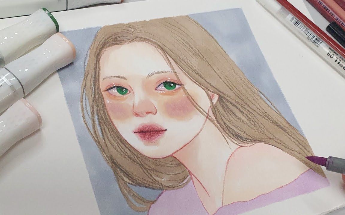马克笔马克笔绘画人物肖像记号笔绘画美少女