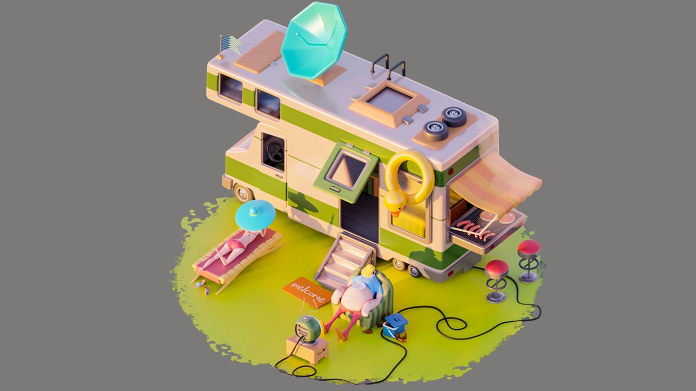 【3dmax场景建模】简单的卡通房车场景,适合零基础刚学习max的同学跟