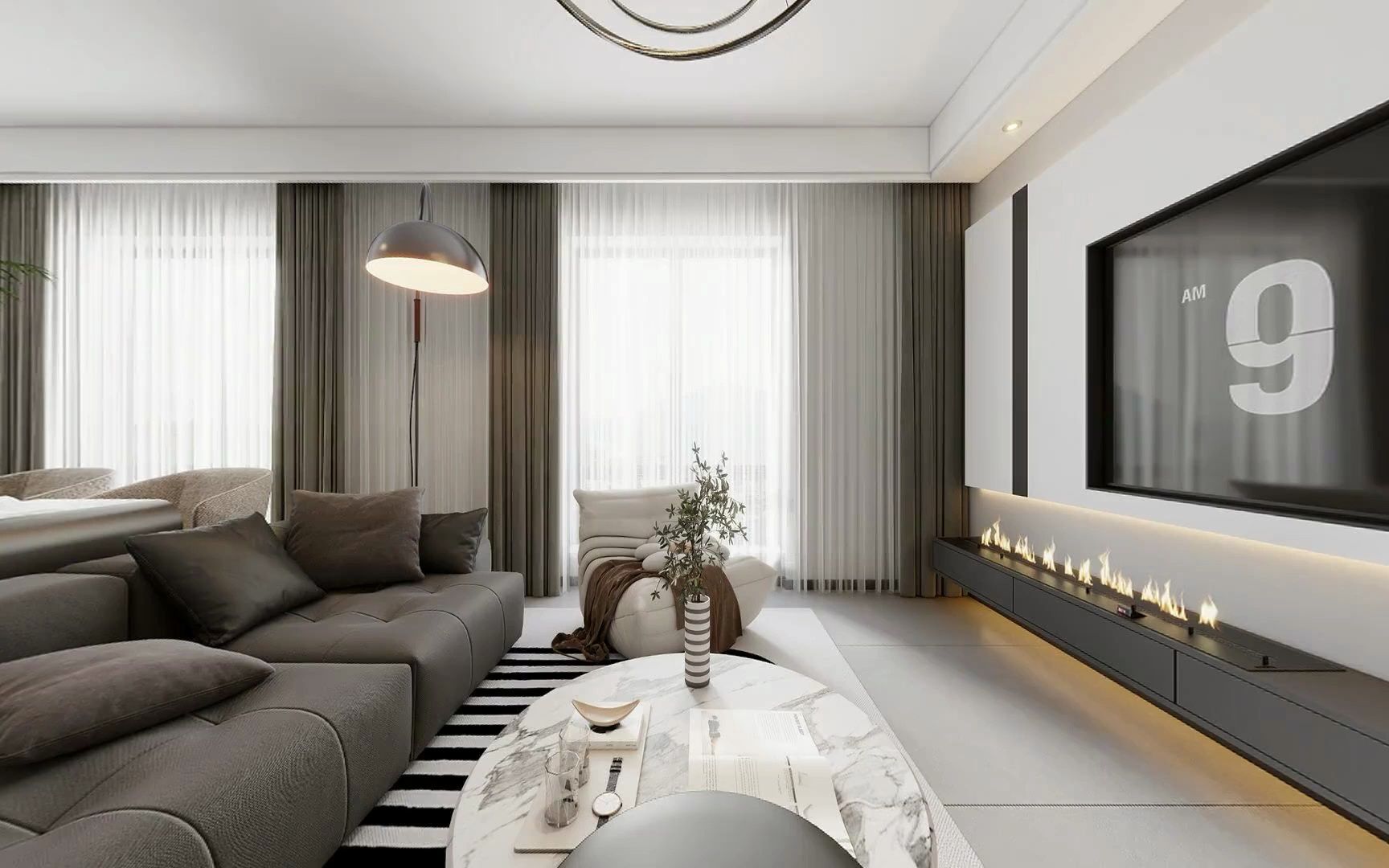 灰白色调长客厅,客餐厅一体效果图