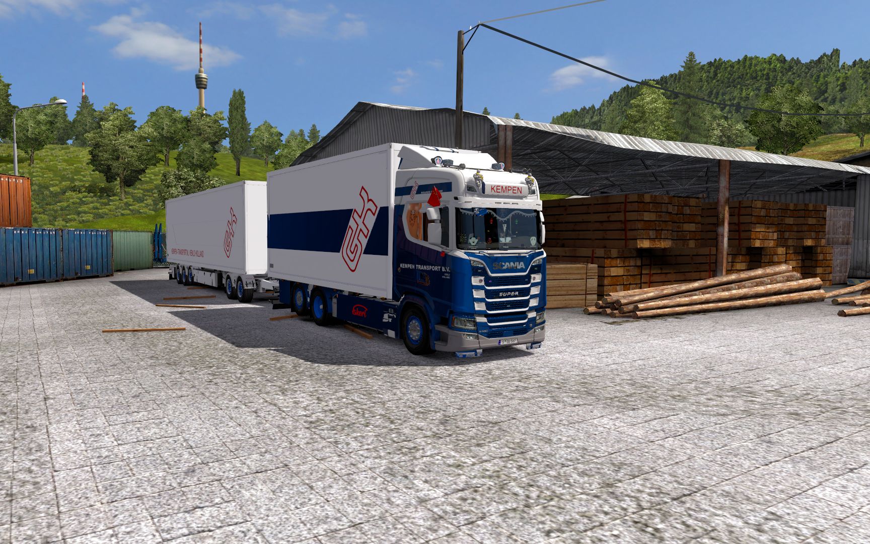 欧洲卡车模拟2驾驶斯堪尼亚s520拖中置轴货柜在德国promods2.