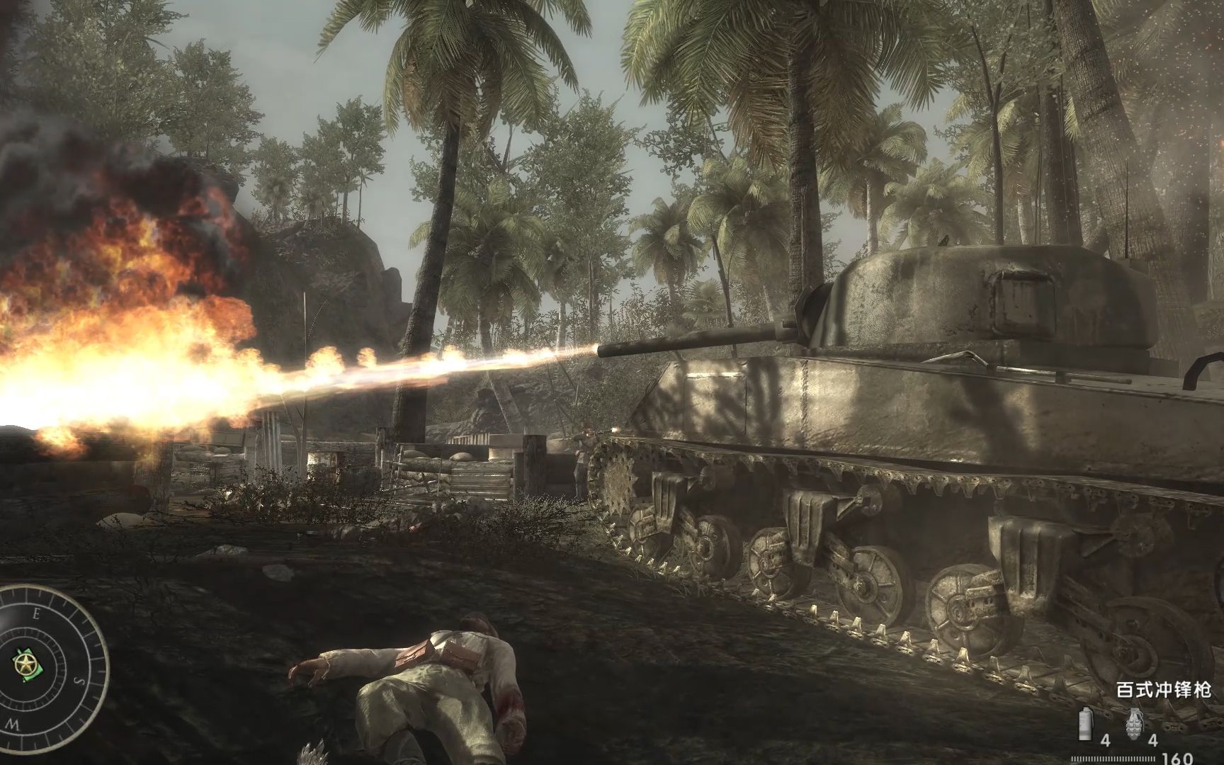 使命召唤5我们遭遇了日军的埋伏领头的三辆坦克被炸成废铁