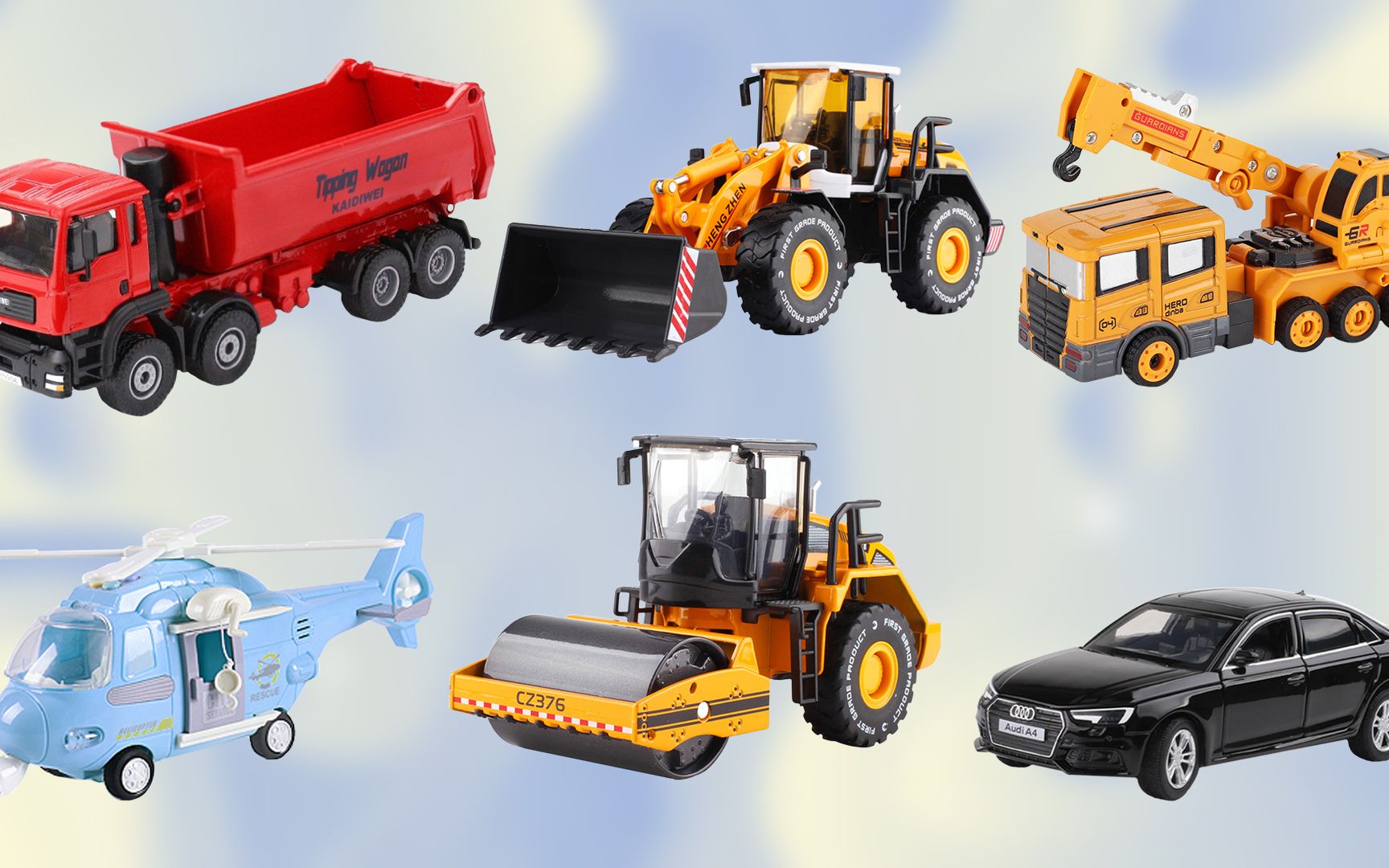 学习认识翻斗车铲车吊车 直升机压路机轿车等工程车