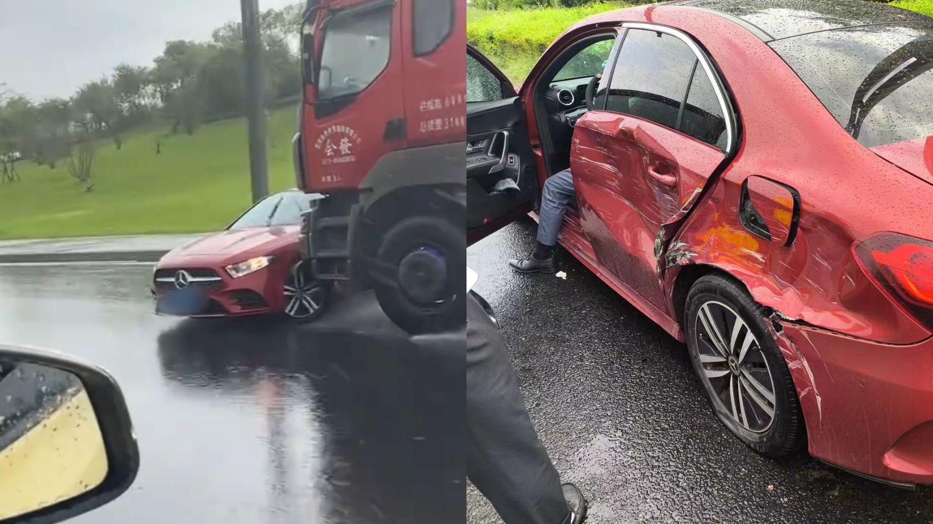 [图]疑因误闯视野盲区，奔驰雨天被大货车顶着前行，持续1分钟左右