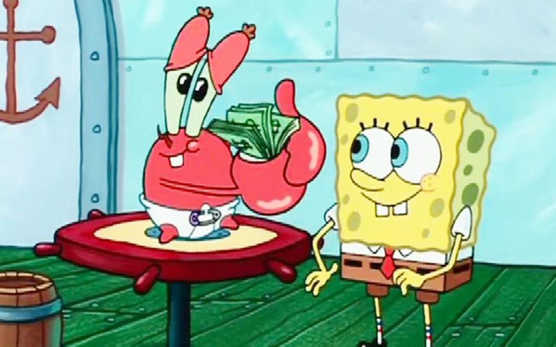 蟹老板变成婴儿一直哭,不料海绵宝宝给他一叠钞票,他马上就笑了!