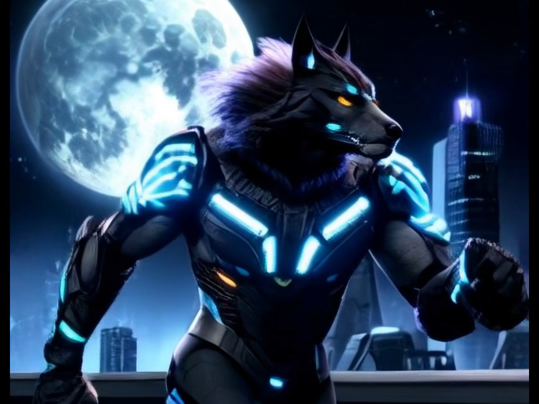 赛博月夜下奔跑的机械狼人