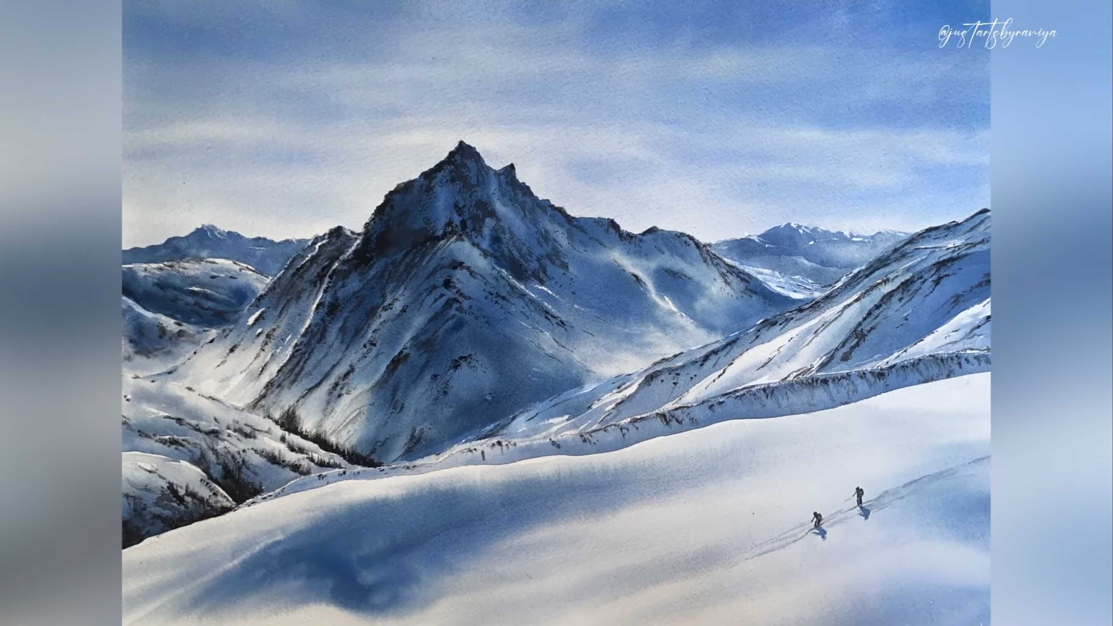 水彩画冬季山脉的水彩演示