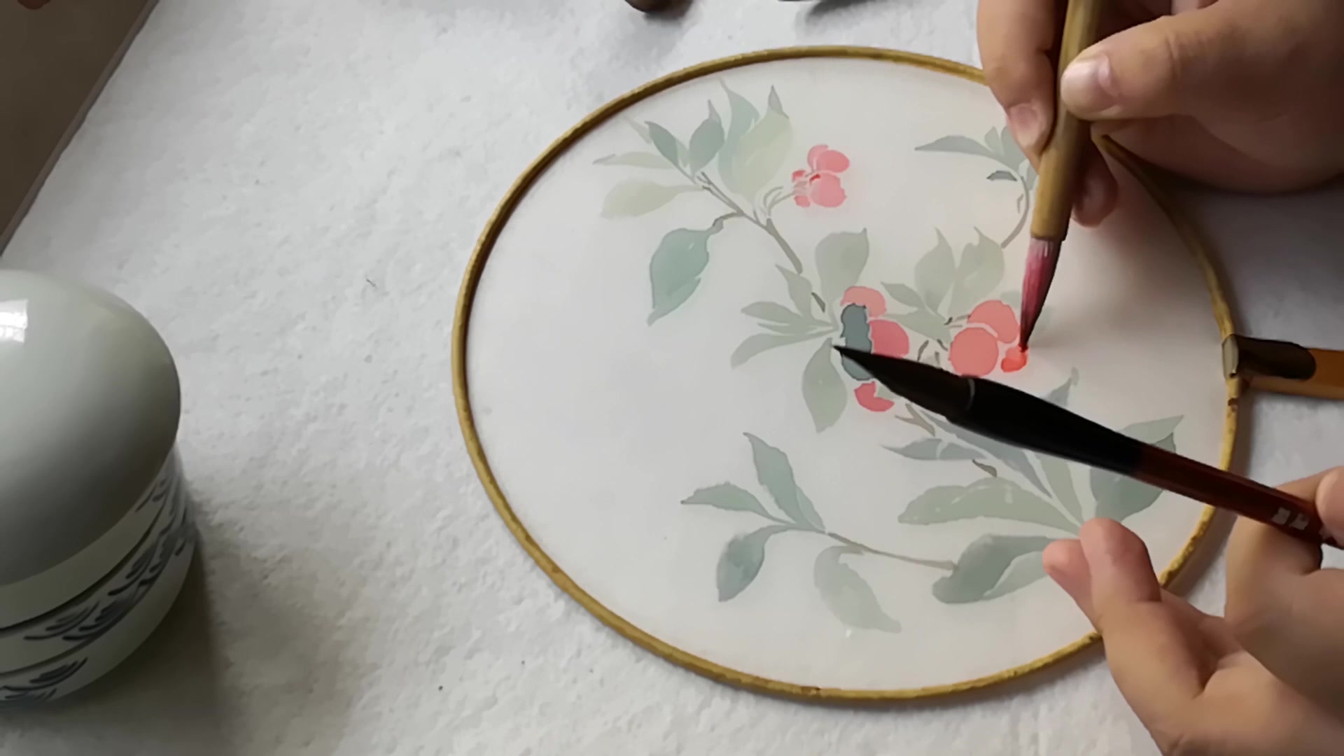 工笔团扇盈盈红珠团扇手绘过程没mò骨