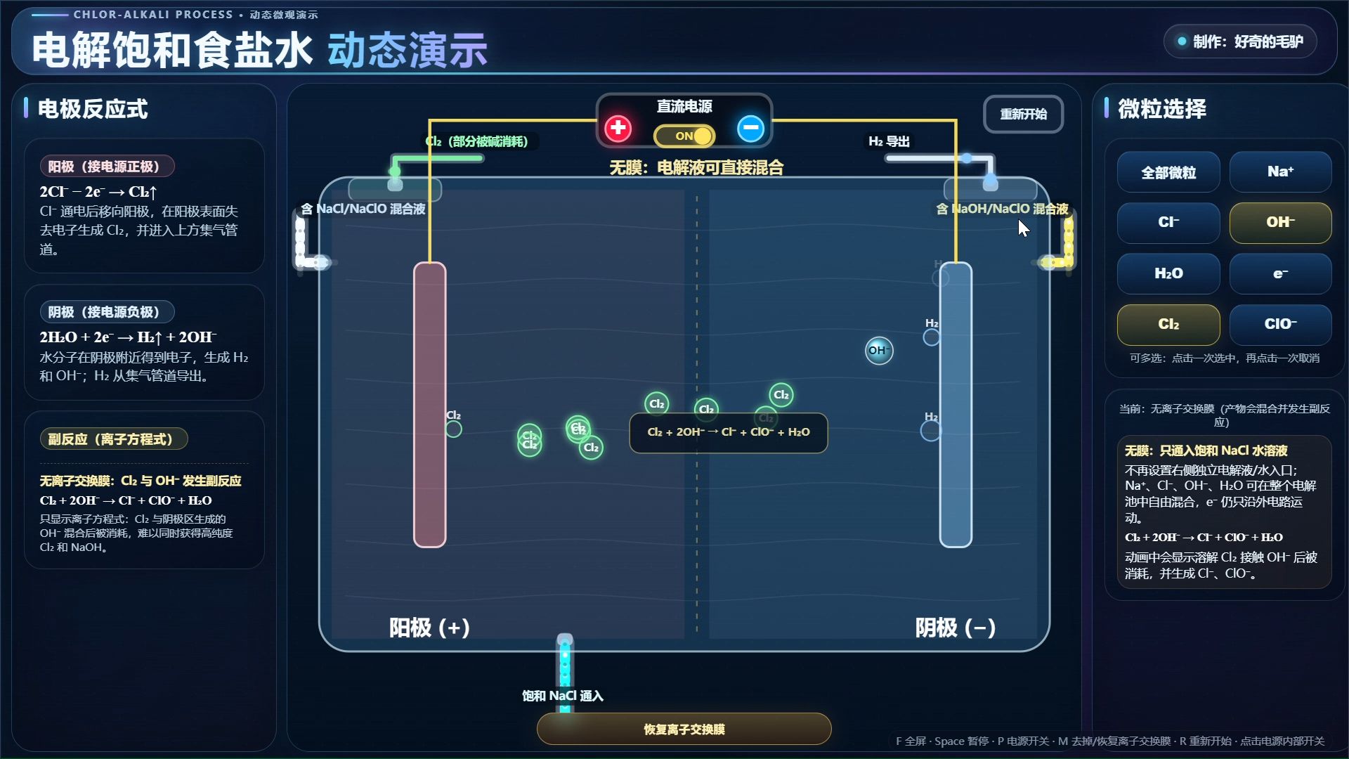 电解饱和食盐水（离子交换膜可增删版本）动态演示