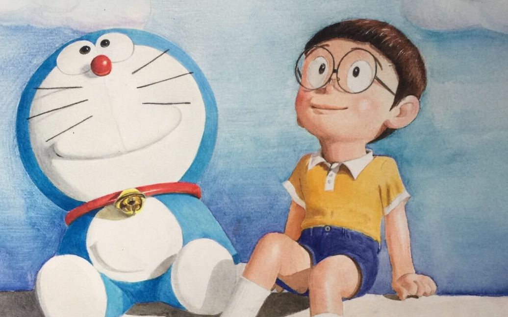 油画蓝胖子和大雄绘画