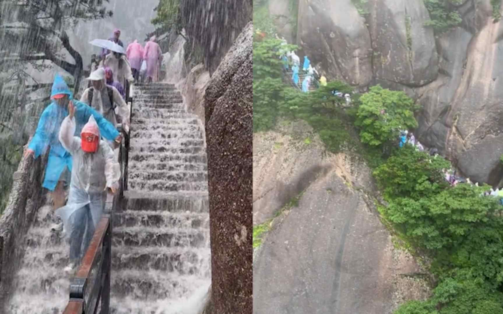 [图]安徽黄山突降暴雨，阶梯水流如瀑布，游客蹚水游山边走边尖叫