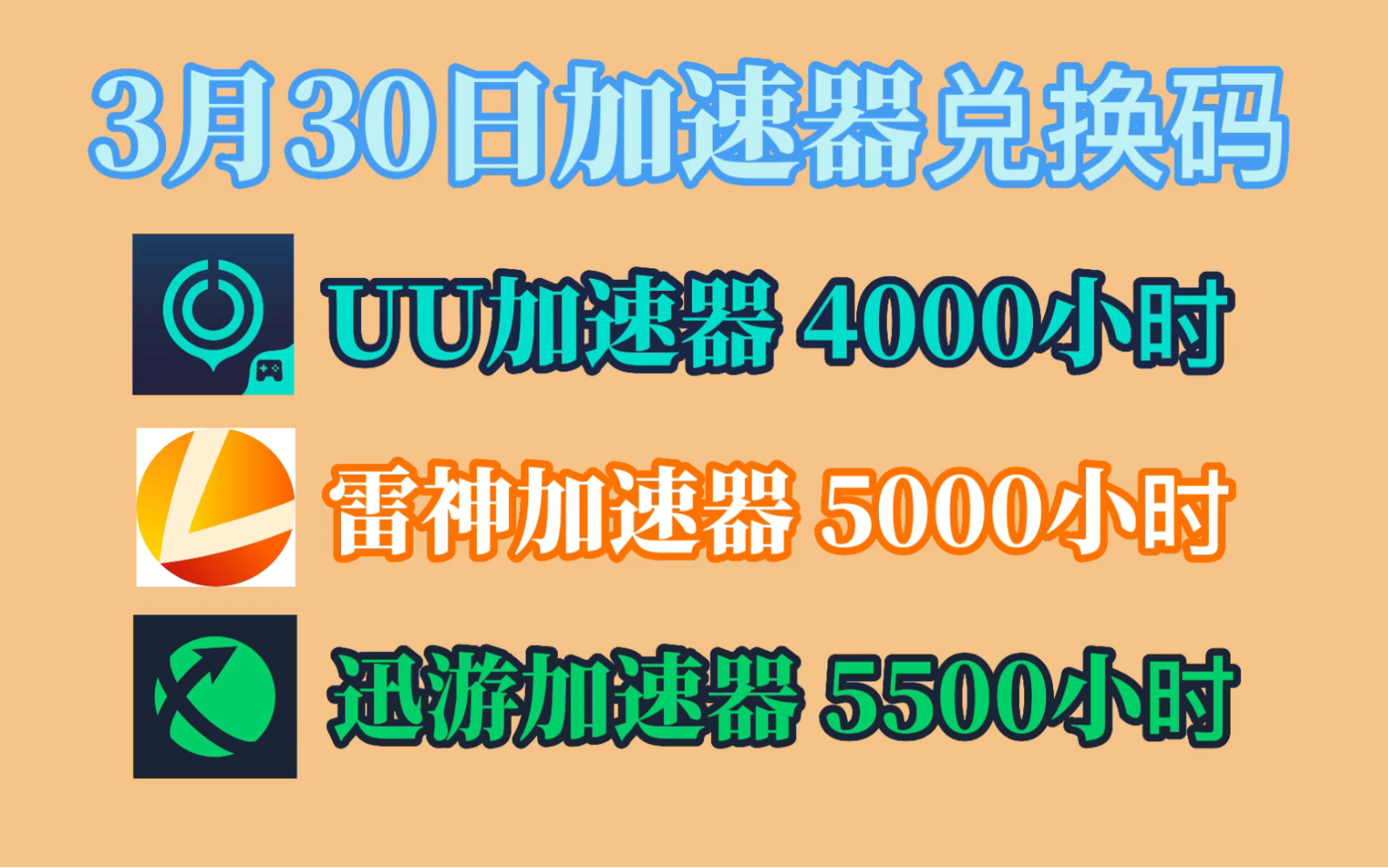 3月30日最新免费白嫖加速器口令和兑换码!有UU加速器4000小时,雷神加速器5000小时,迅游加速器5500小时,还有其他加速器口令等等,人手一份!...