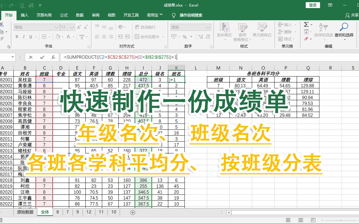 如何快速制作一份成绩单?求出班级名次,并按班级拆分工作表?哔哩哔哩bilibili