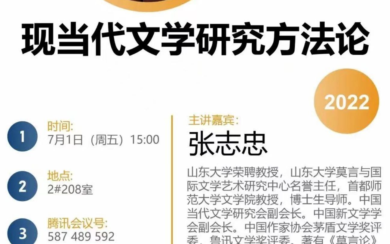 22.7.1丨从莫言开始谈现当代文学研究方法论丨[矛奖评委]张志忠丨山东理工大哔哩哔哩bilibili