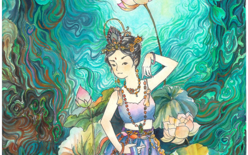 古风水彩插画(红莲命盘)