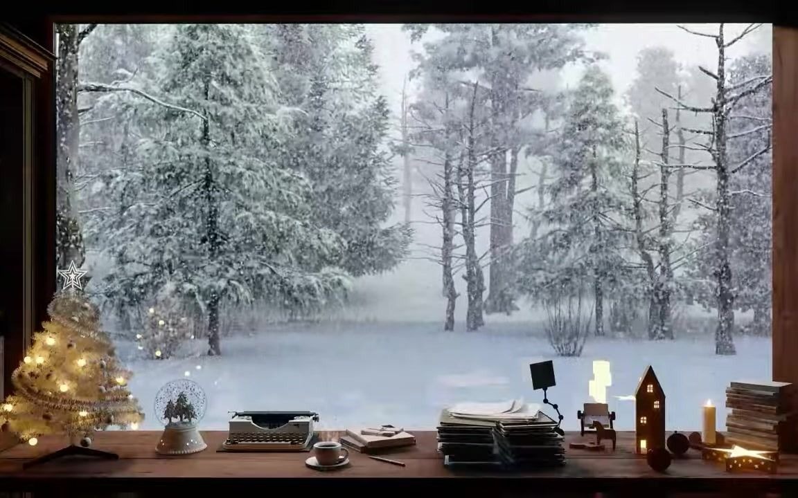 [图]𝘾𝙝𝙧𝙞𝙨𝙩𝙢𝙖𝙨❄️温馨的白色圣诞节氛围｜书房木桌前的森林雪景｜8h｜壁炉声 落雪声｜白噪音 环境音