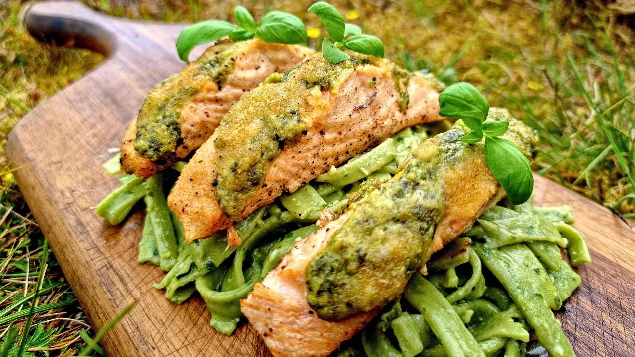 boys will be boys90 green pesto pasta with salmon.