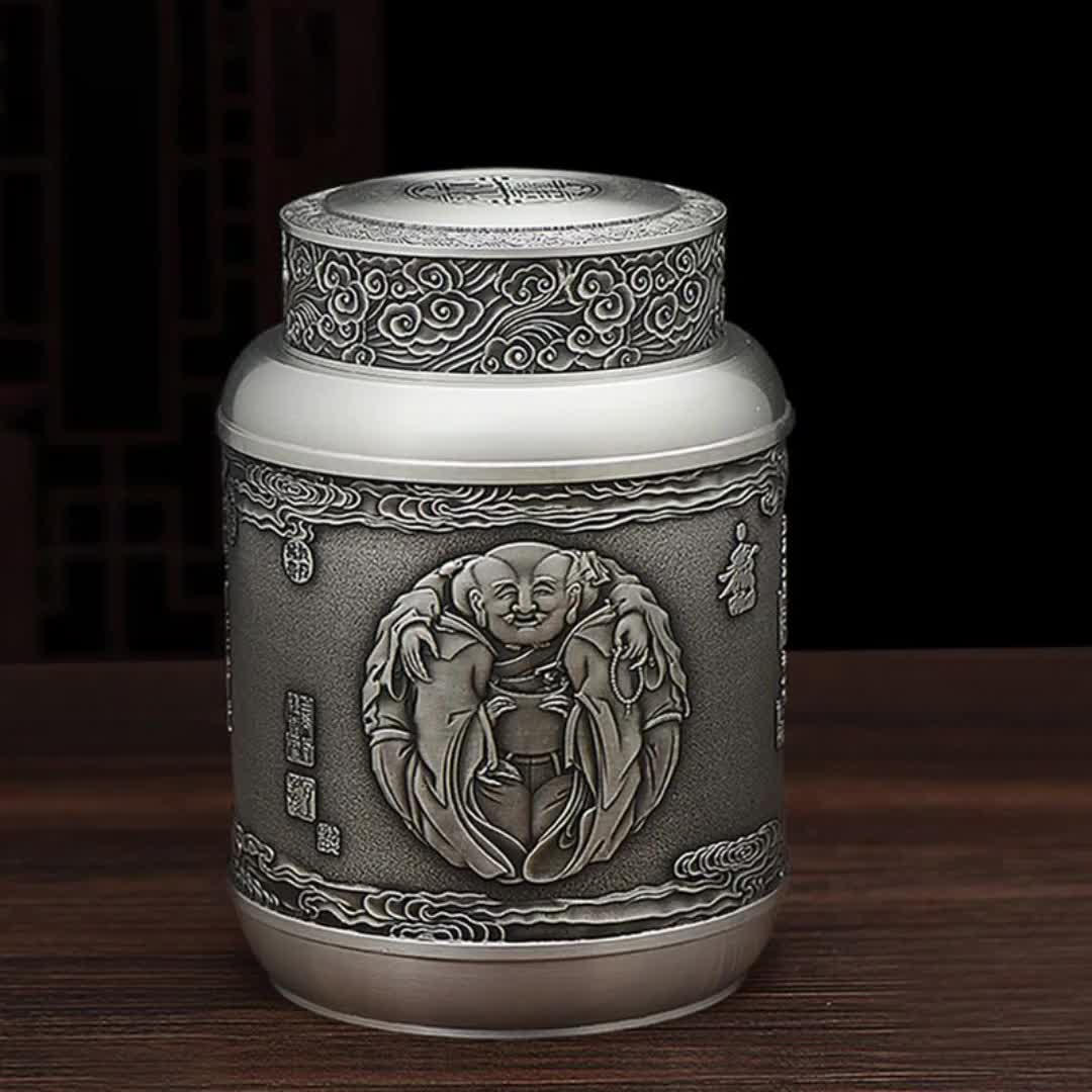 锡罐茶叶罐纯锡制仿古国风储茶罐浮雕家用密封保鲜金属存茶罐定制7977