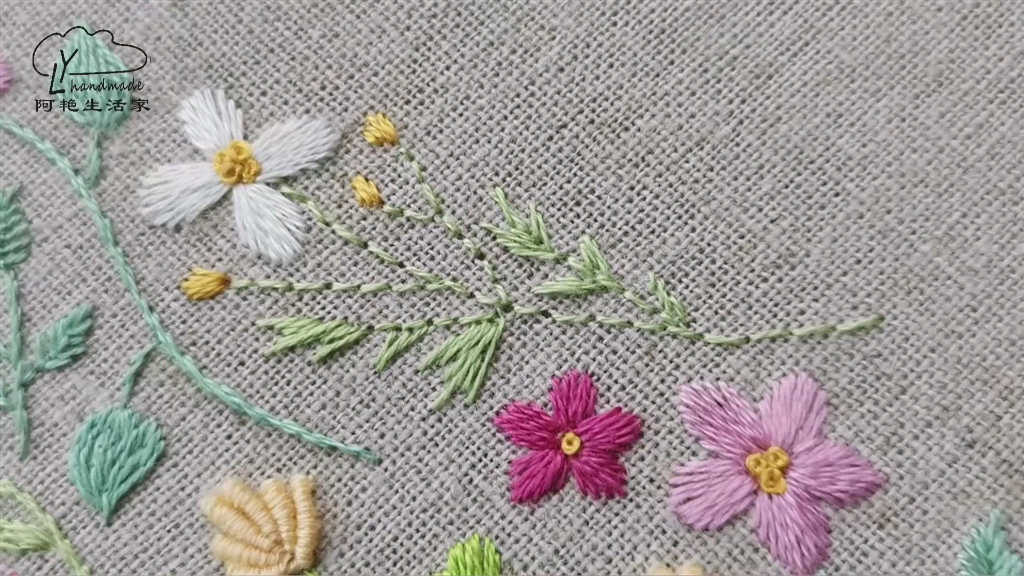 手工刺绣——盼春来10,细细的嫩绿枝条,用一股回针绣来绣制
