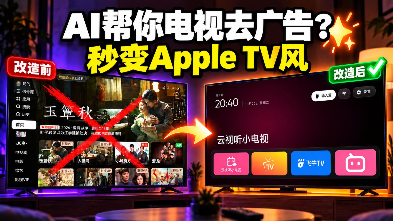 AI帮你电视去广告？秒变Apple TV风格