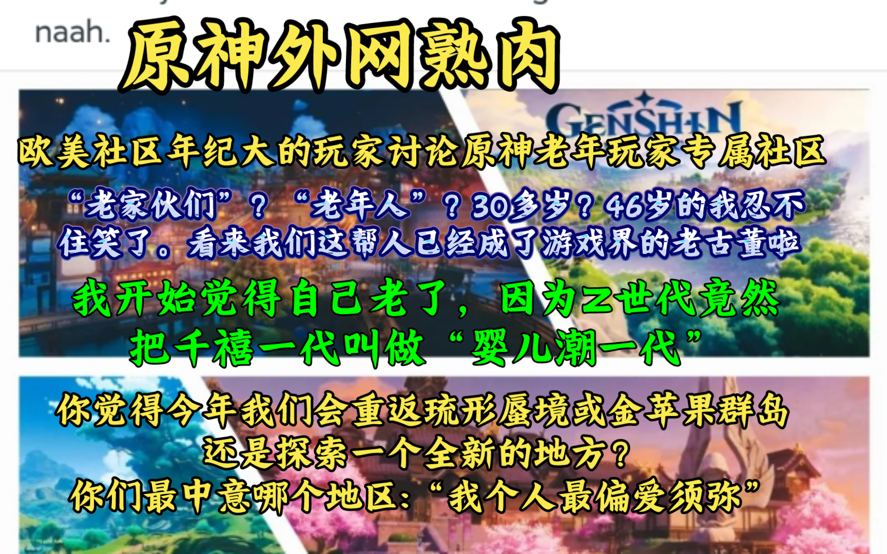 【原神熟肉】欧美社区年纪大的玩家讨论原神老年玩家专属社区;你觉得今年会探索一个全新的地方吗?你们最中意哪个地区:“我个人最偏爱须弥”原神...