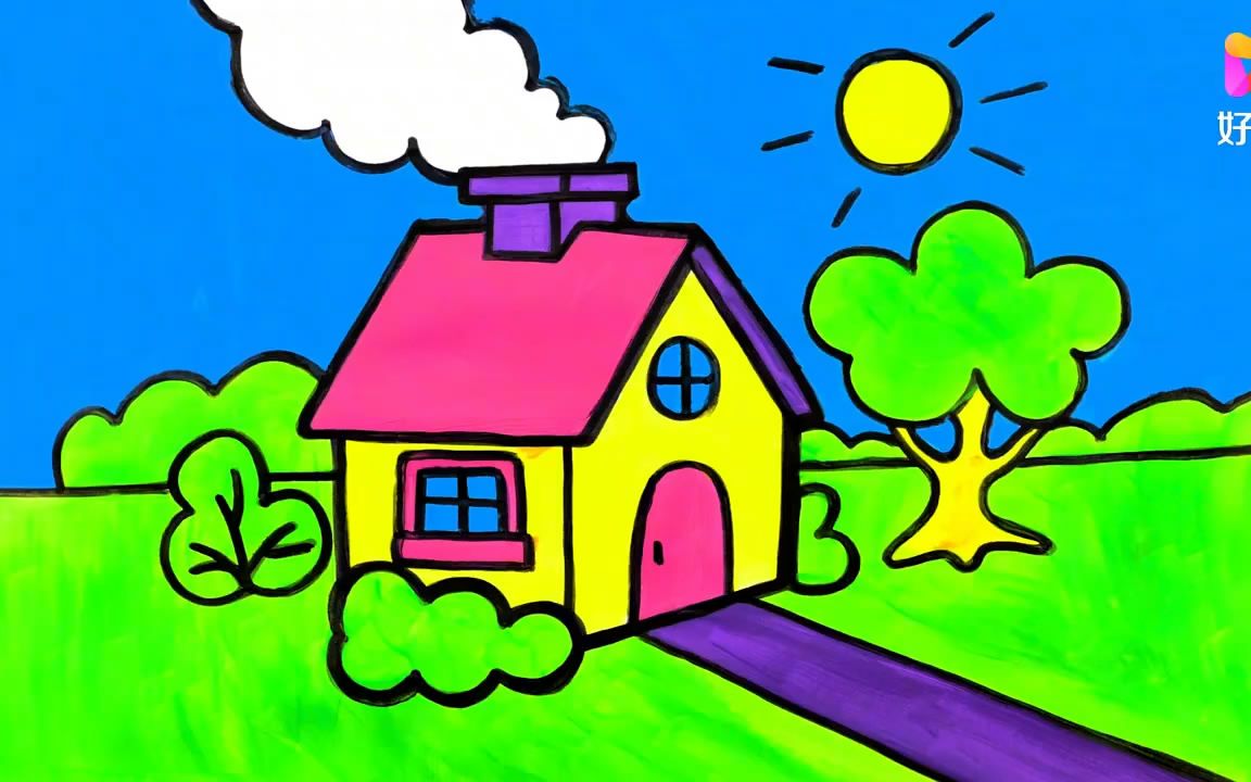 乡村房屋图画 ,认真上色绘制出