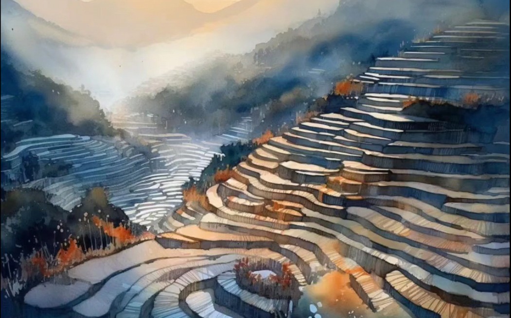 水彩 梯田 by midjourney