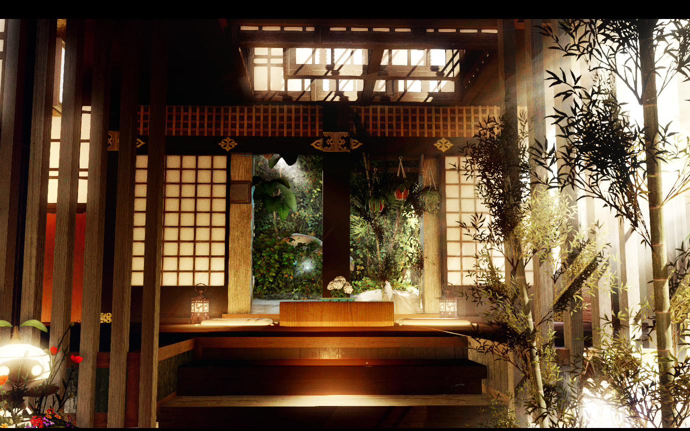ff14装修m房日式和风封层小庭院温泉茶室