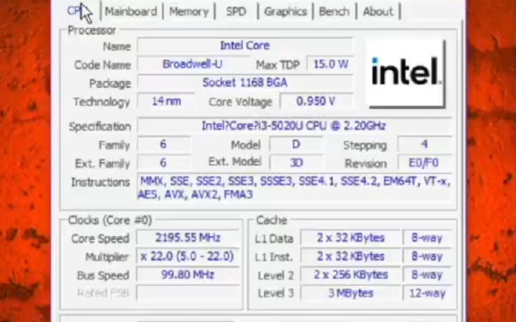 少见的u~intel core i3 5020u处理器默频状态下性能参数和cpu-z测试