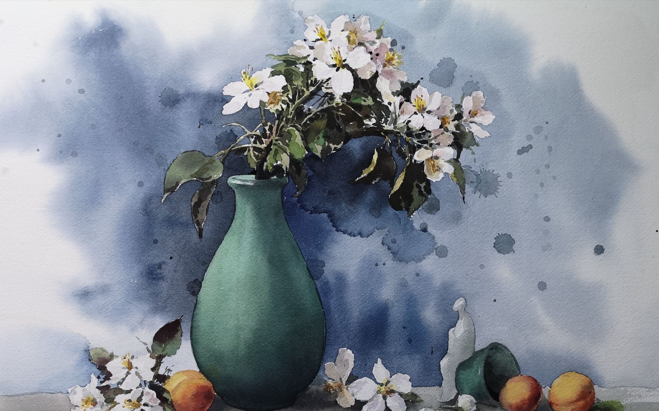 朱红水彩示范---烟雨杏花醉(4)