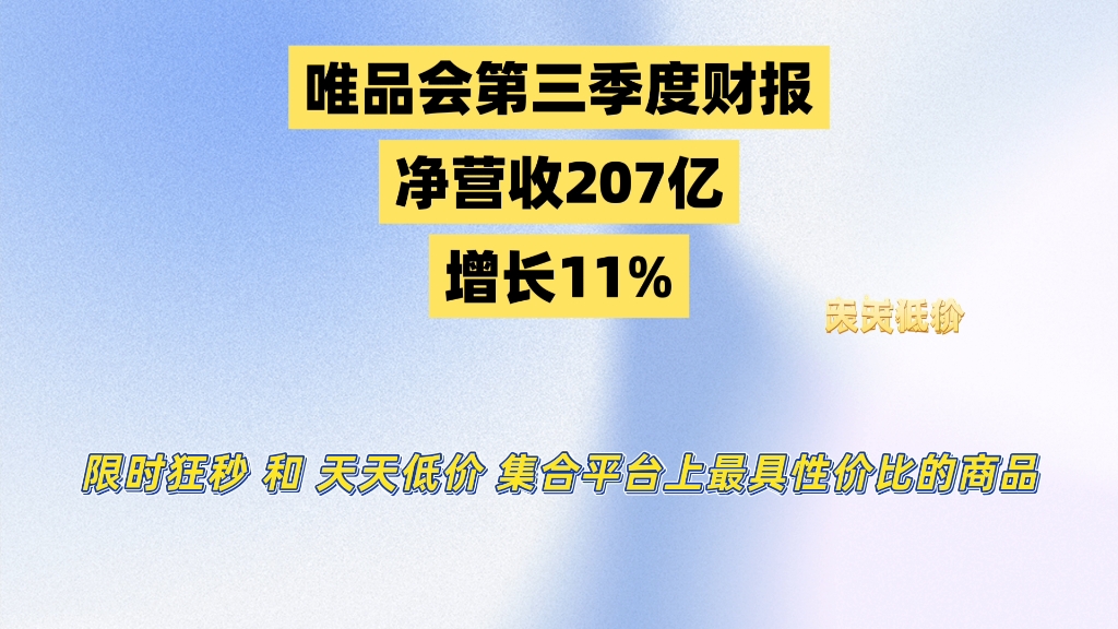 唯品会发布2024年第三季度财报:净营收207亿元,SVIP活跃用户数同比增11%#电商干货 #财报 #电商 #唯品会哔哩哔哩bilibili