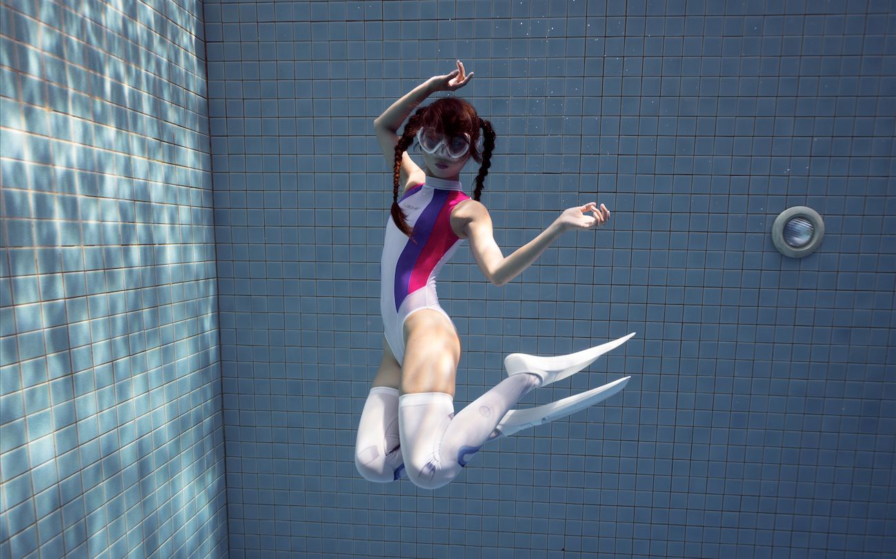 【水下摄影】自制 競泳水着 过膝袜 面镜 双马尾