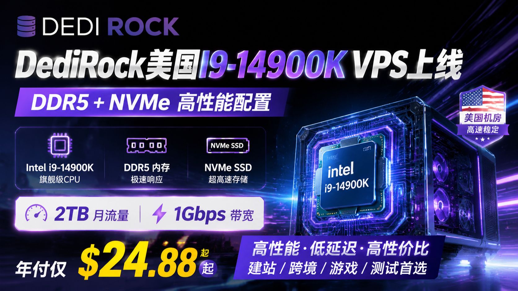 DediRock美国I9-14900K VPS上线:DDR5+NVMe高性能配置,2TB月流量@1Gbps带宽年付$24.88