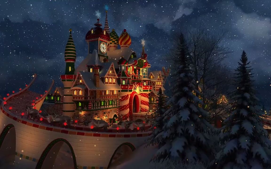 e536 2k超高清画质卡通城堡梦幻唯美雪夜雪景雪花飘落圣诞节儿童情景
