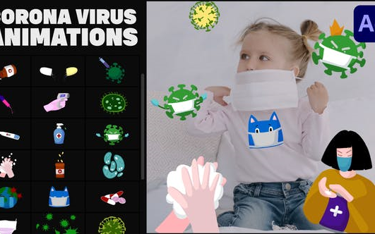 AE模板卡通贴纸流行感冒病毒打针温度计洗手液药丸药瓶体温计洗手口罩哔哩哔哩bilibili