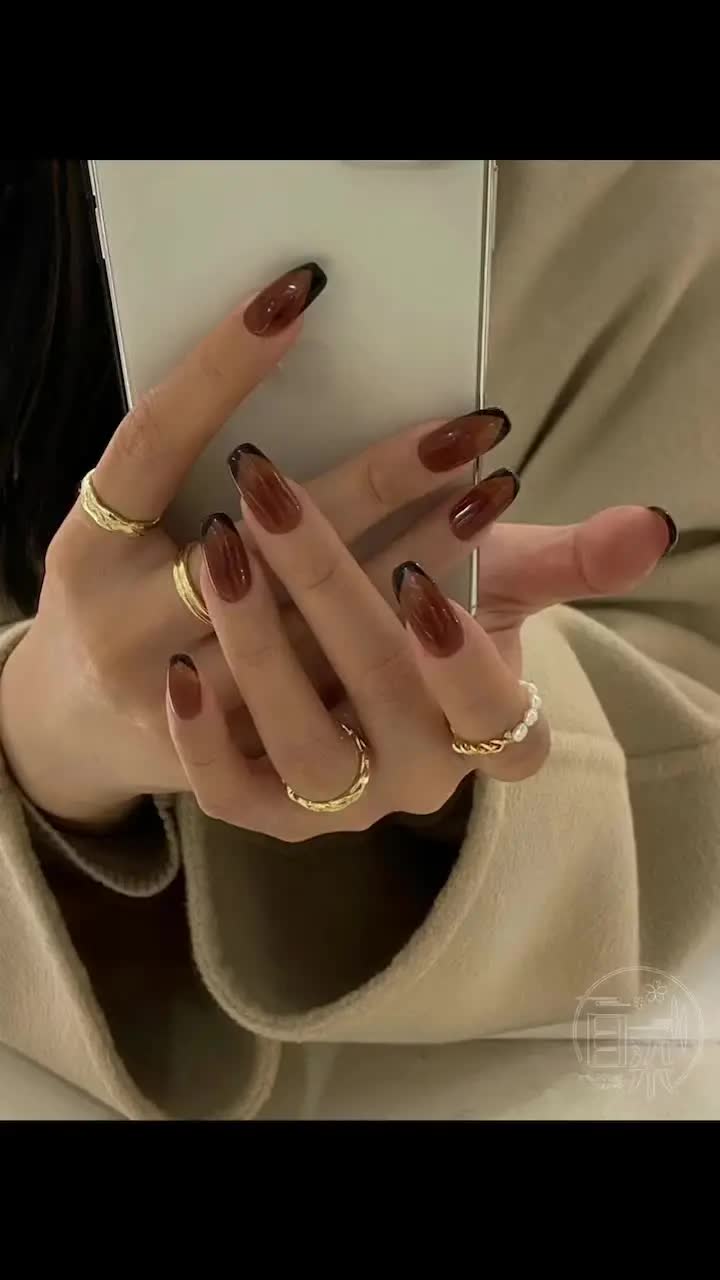 75咖啡冻红棕色法式高级感延长美甲