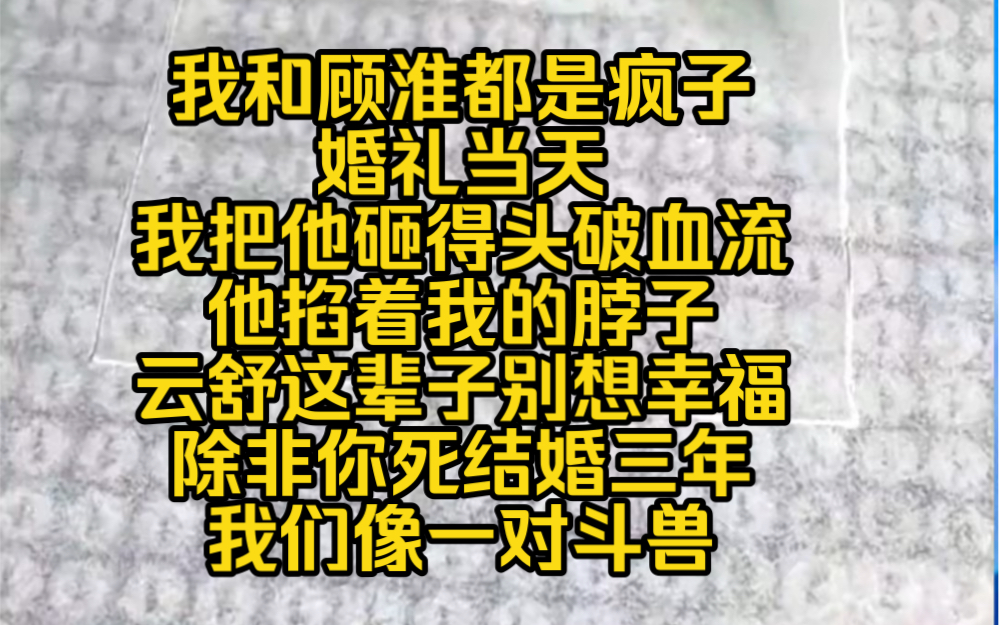 我和顾淮都是疯子,婚礼当天我把他砸得头破血流,他掐着我的脖子,云舒这辈子别想幸福,除非你死结婚三年我们像一对斗兽哔哩哔哩bilibili