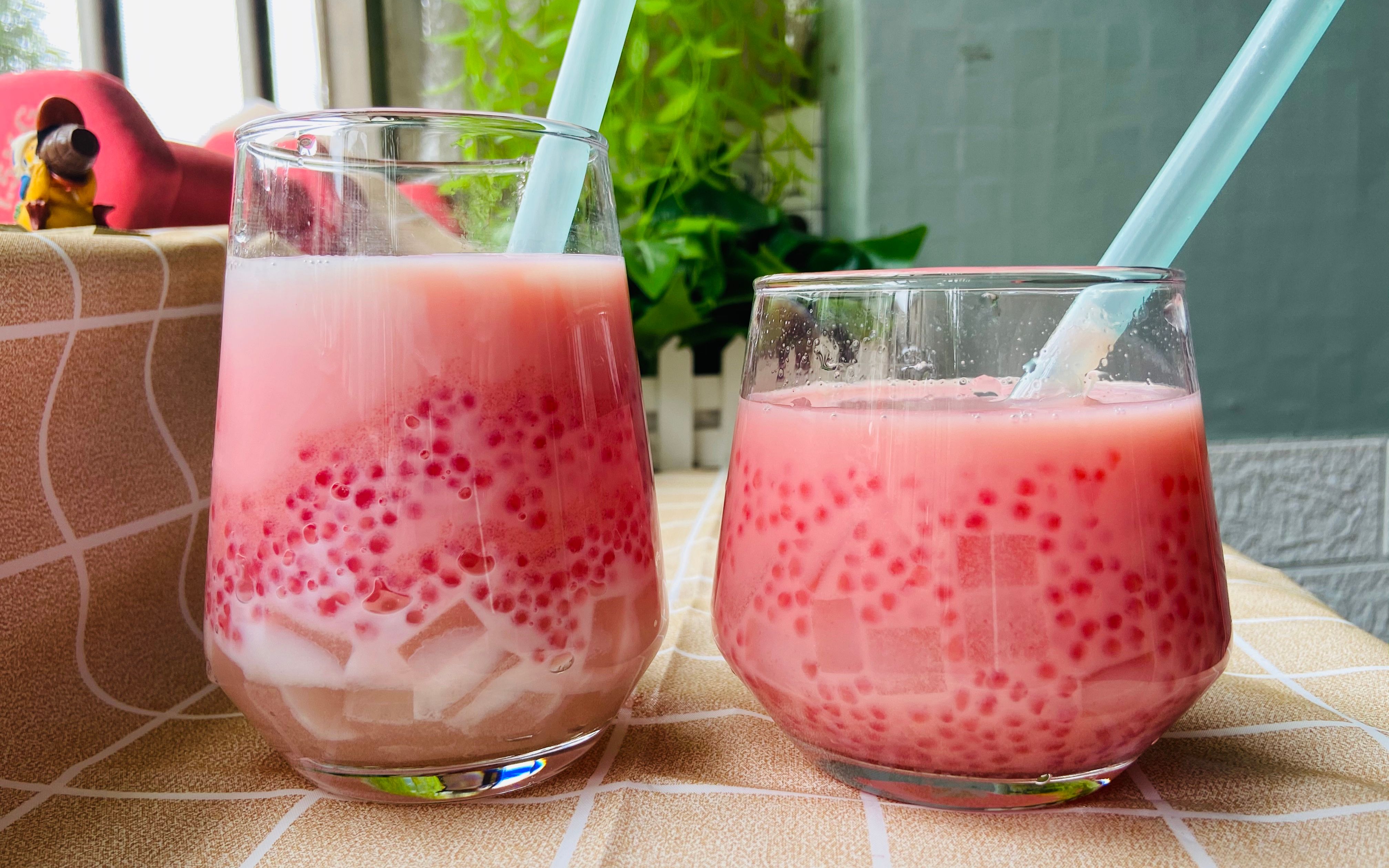 椰果西瓜西米露,自制椰果,煮西米没白心,夏季解暑饮品-bili