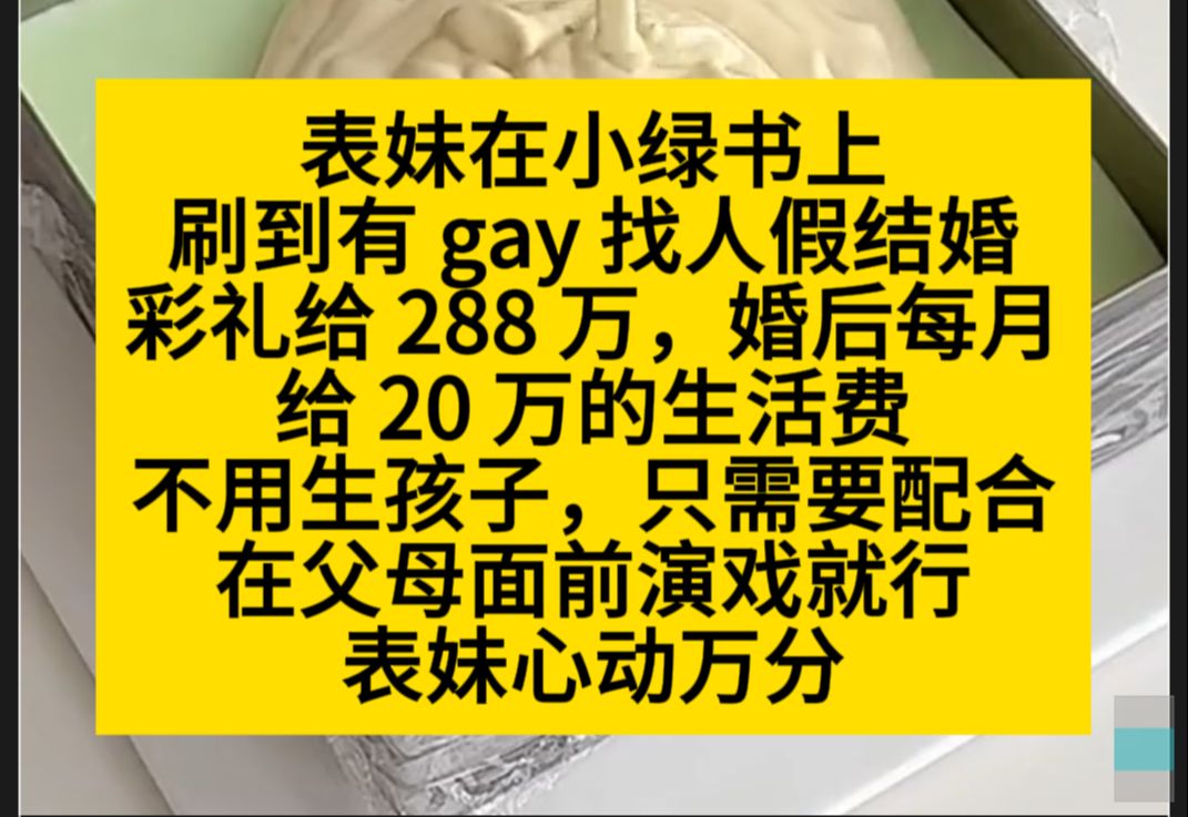 表妹在小绿书上刷到有给找人假结婚,彩礼给288万,婚后每月给20万生活费……小说推荐哔哩哔哩bilibili