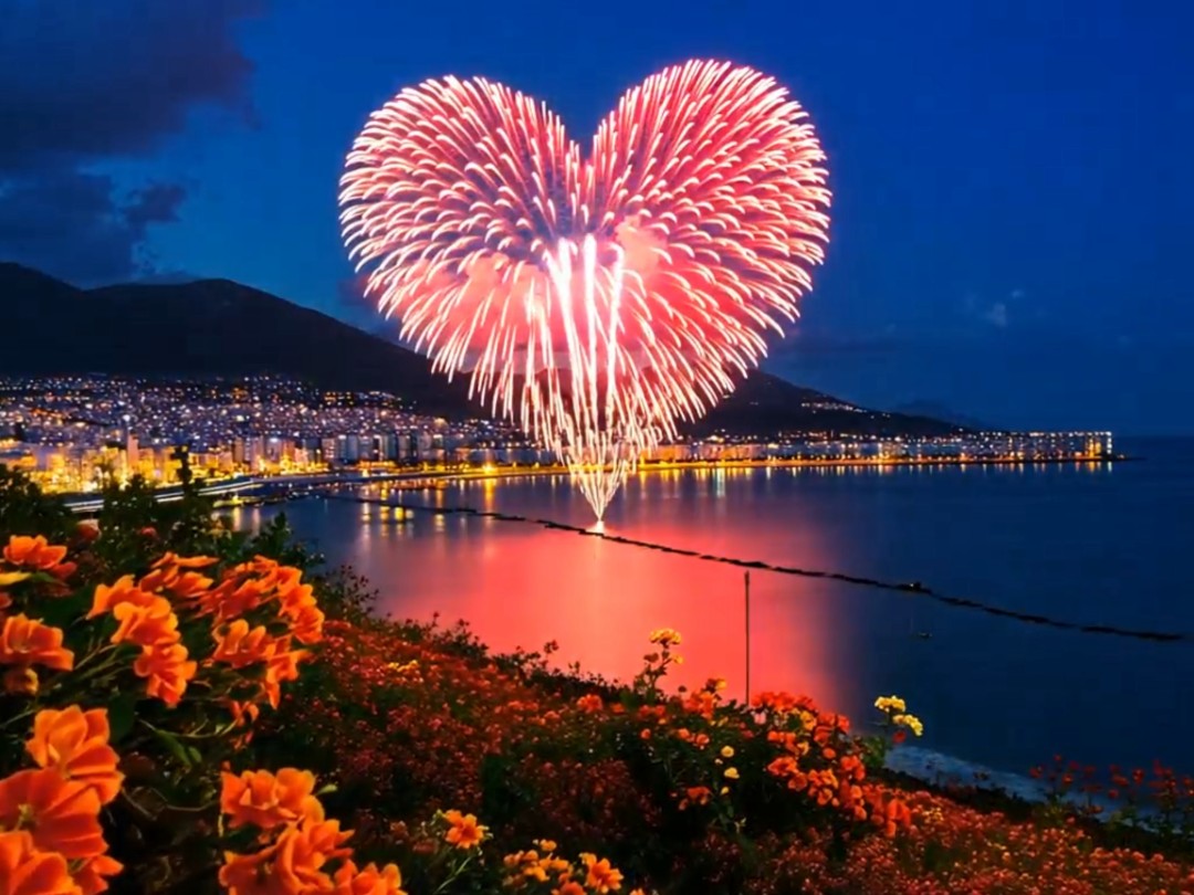 烟花似爱火腾空而起,于夜幕勾勒出完美心形,宛如情笺寄向浩瀚星河