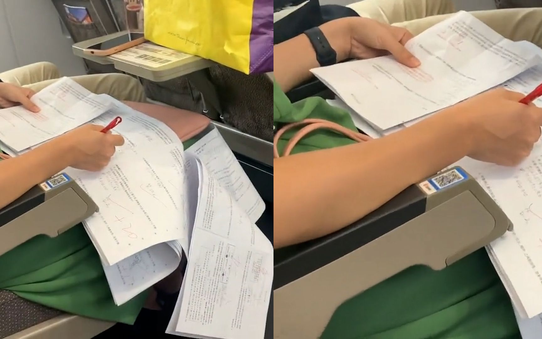 国庆假期结束,老师在高铁上忙着改试卷,拍摄者:赶作业的那批人长大了