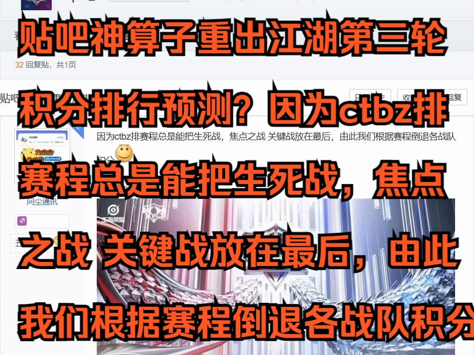 【吧友锐评】贴吧神算子重出江湖第三轮积分排行预测?因为ctbz排赛程总是能把生死战,焦点之战 关键战放在最后,由此我们根据赛程倒退各战队积分哔...