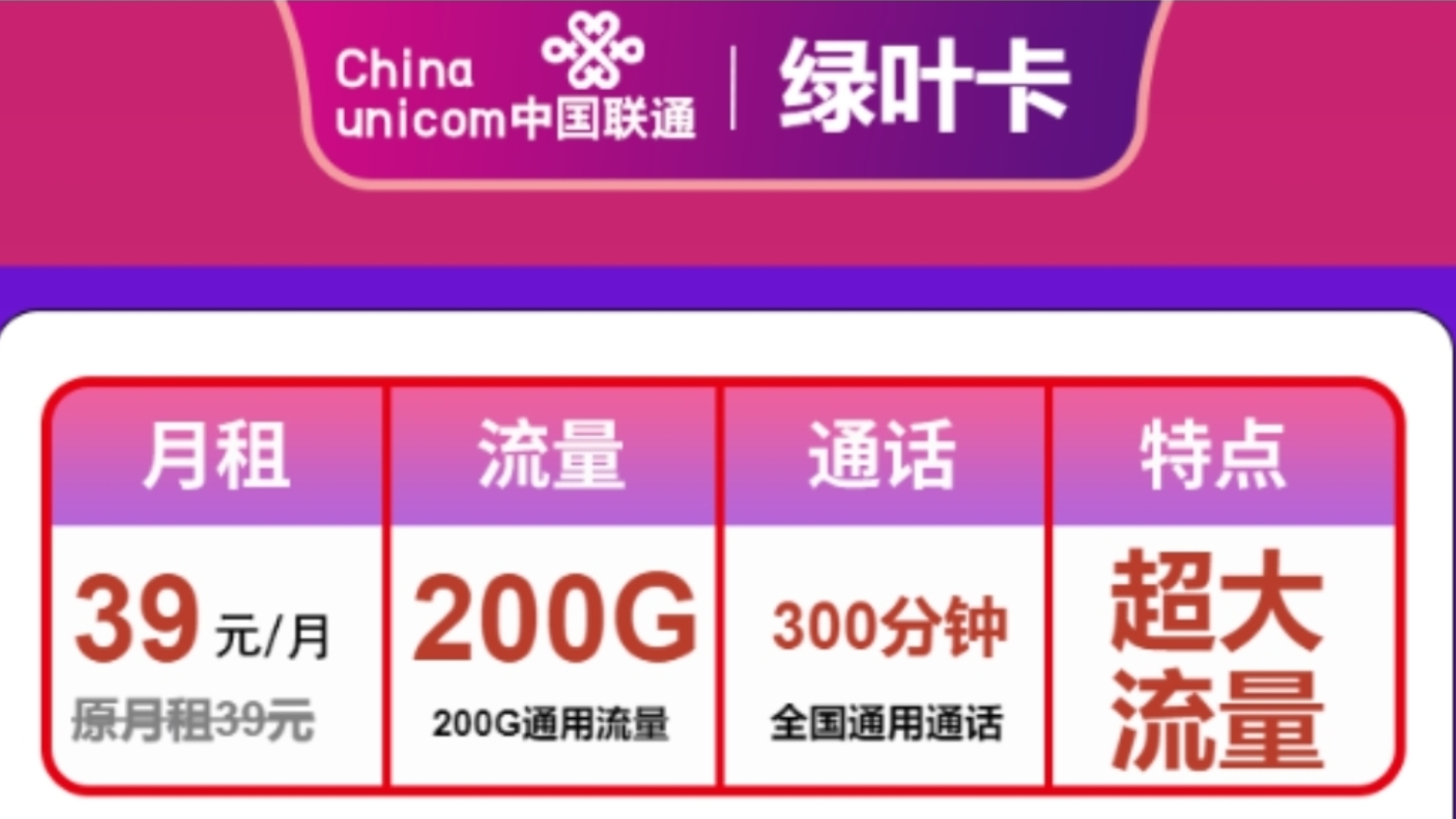 黑龙江联通绿叶卡39元包200G通用流量+300分钟通话(长期套餐)只发黑龙江哔哩哔哩bilibili