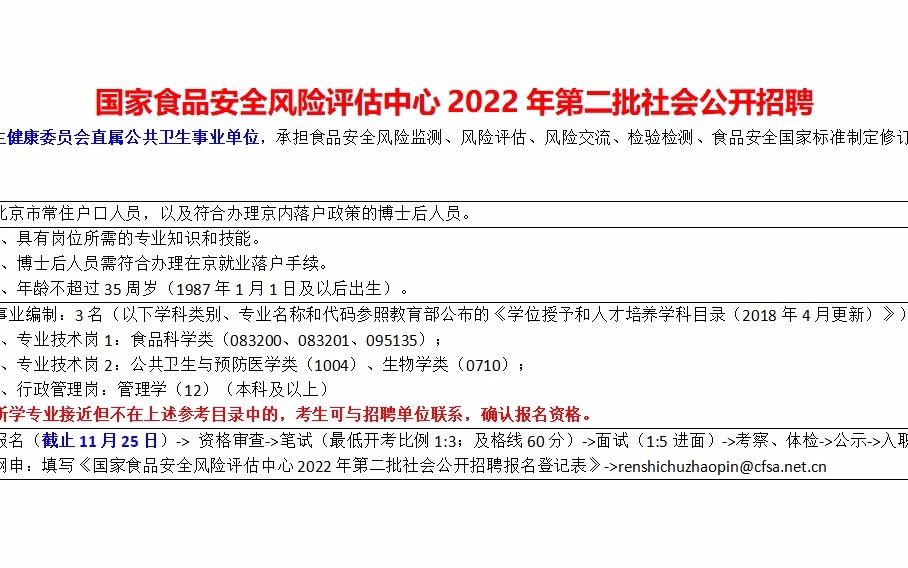 [图]国家食品安全风险评估中心22年第二批社招，卫健委直属事业单位