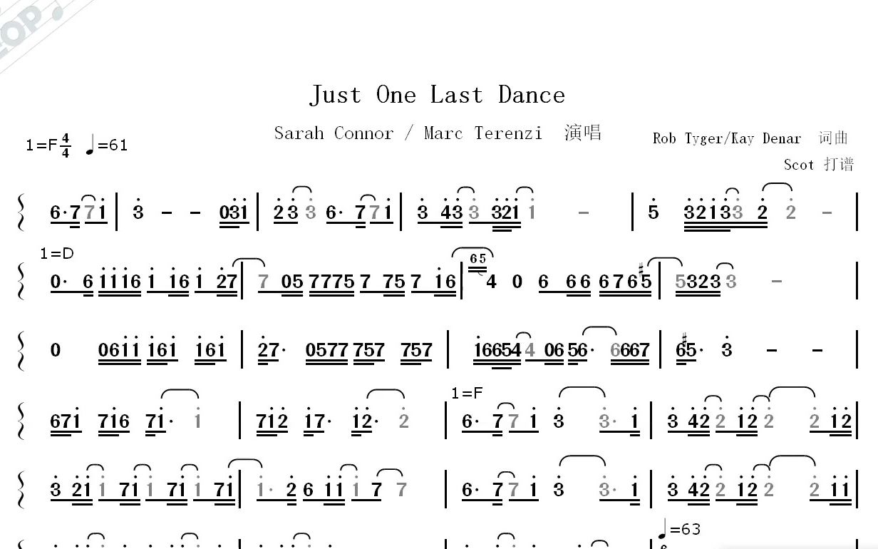 [图]【欧美经典情歌】Just One Last Dance（Sarah Connor演唱）--动态简谱