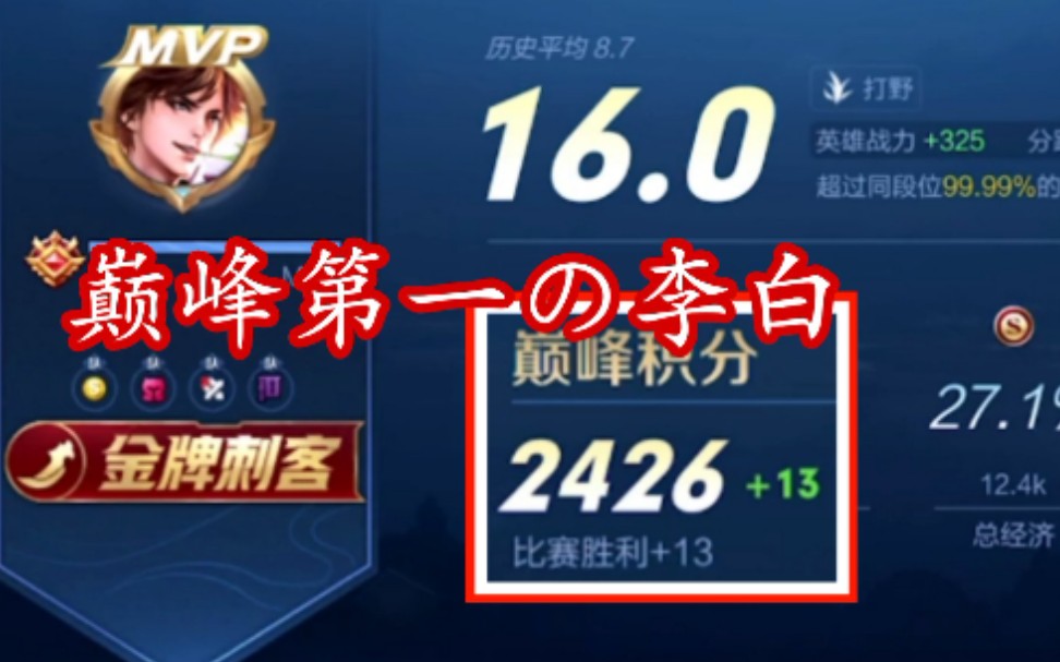 2426分16.0的满分李白!这就是李白打上巅峰第一的蓝人谨年吗?