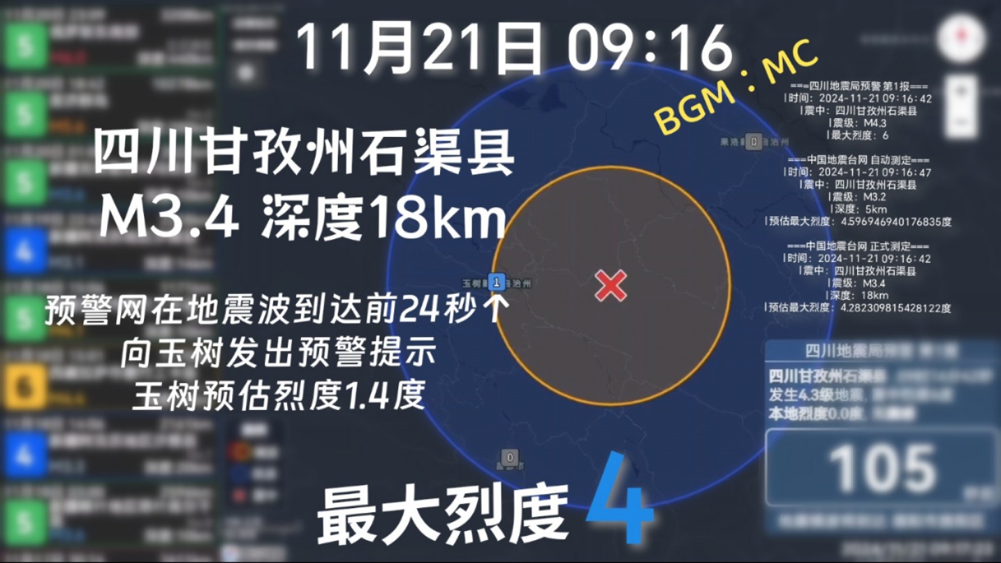 [最大烈度4] 11/21 9:16 四川甘牧州石渠县 发生3.6333333级左右地震,震源深度约9.3333333km哔哩哔哩bilibili