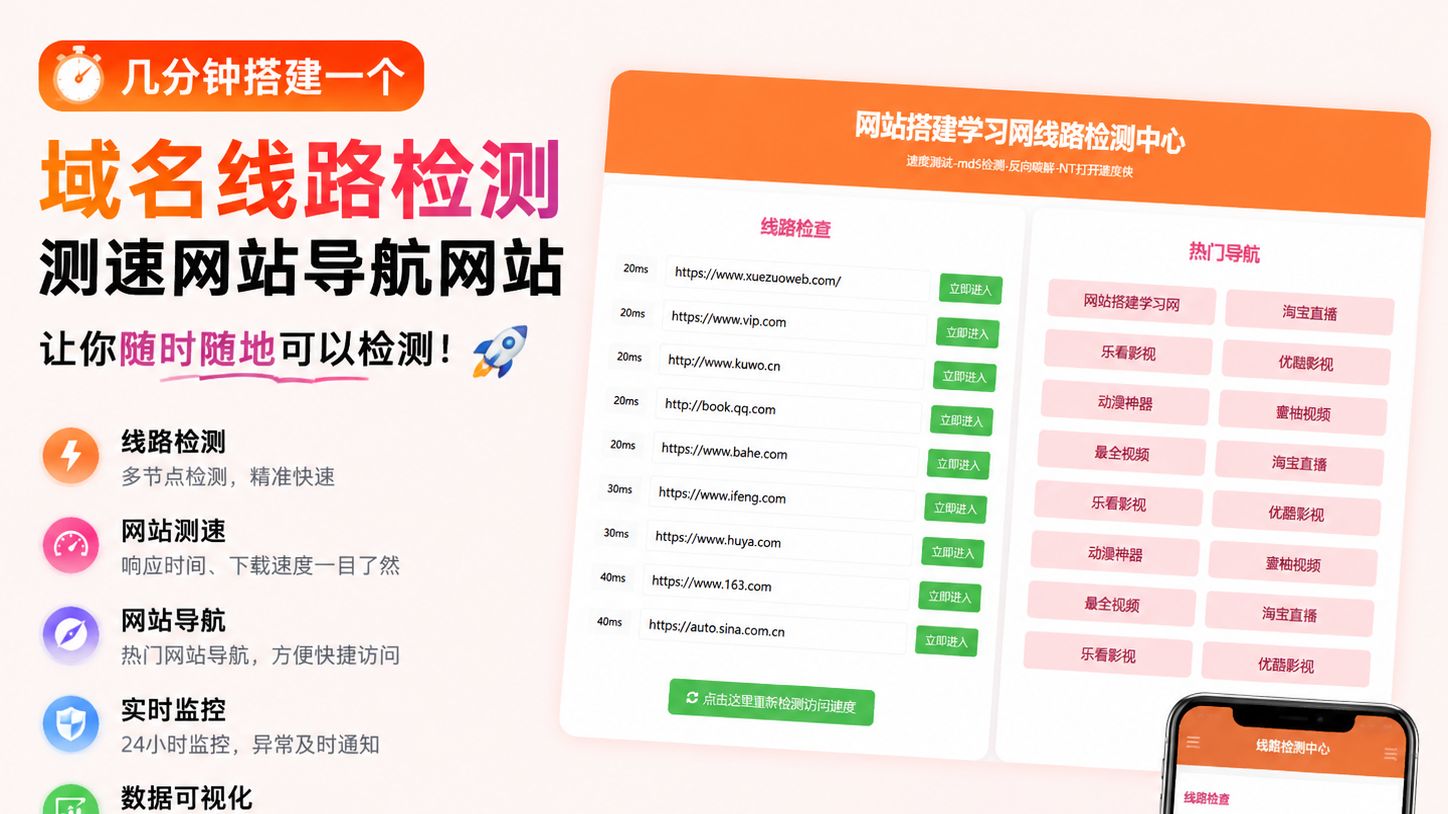 【网站搭建】几分钟学会一个域名线路检测,测速网站导航网站,让你随时随地可以检测