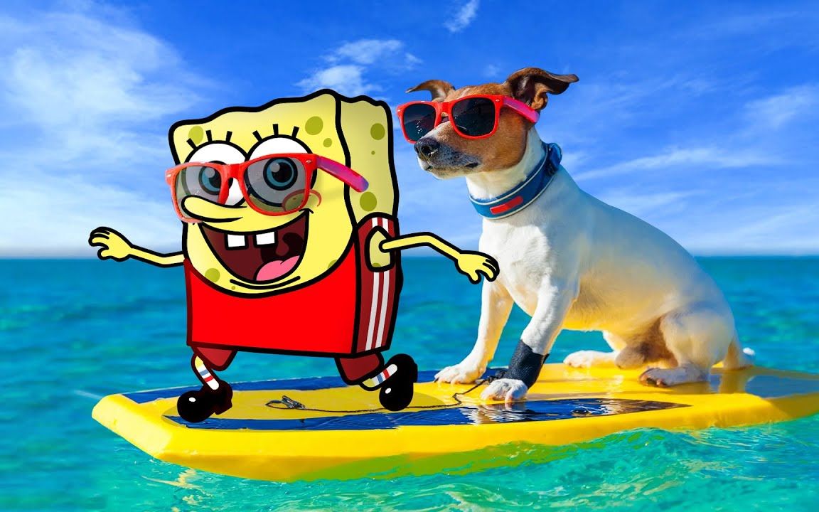 搞笑动画:海上冲浪比赛,海绵宝宝vs狗狗,谁的技术更胜一筹?